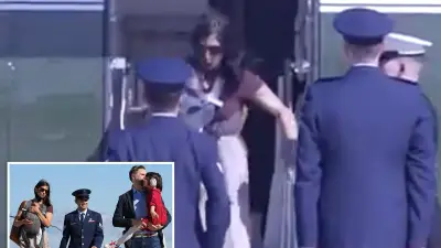 Usha Vance stumbles down vice presidential helicopter steps with infant son strapped to her chest: video